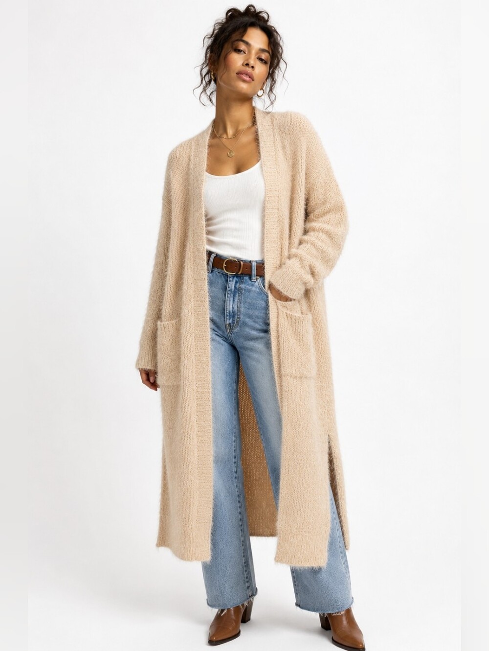 Aakaa NWT Beige Fuzzy Longline Duster Cardigan Sweater Size Small